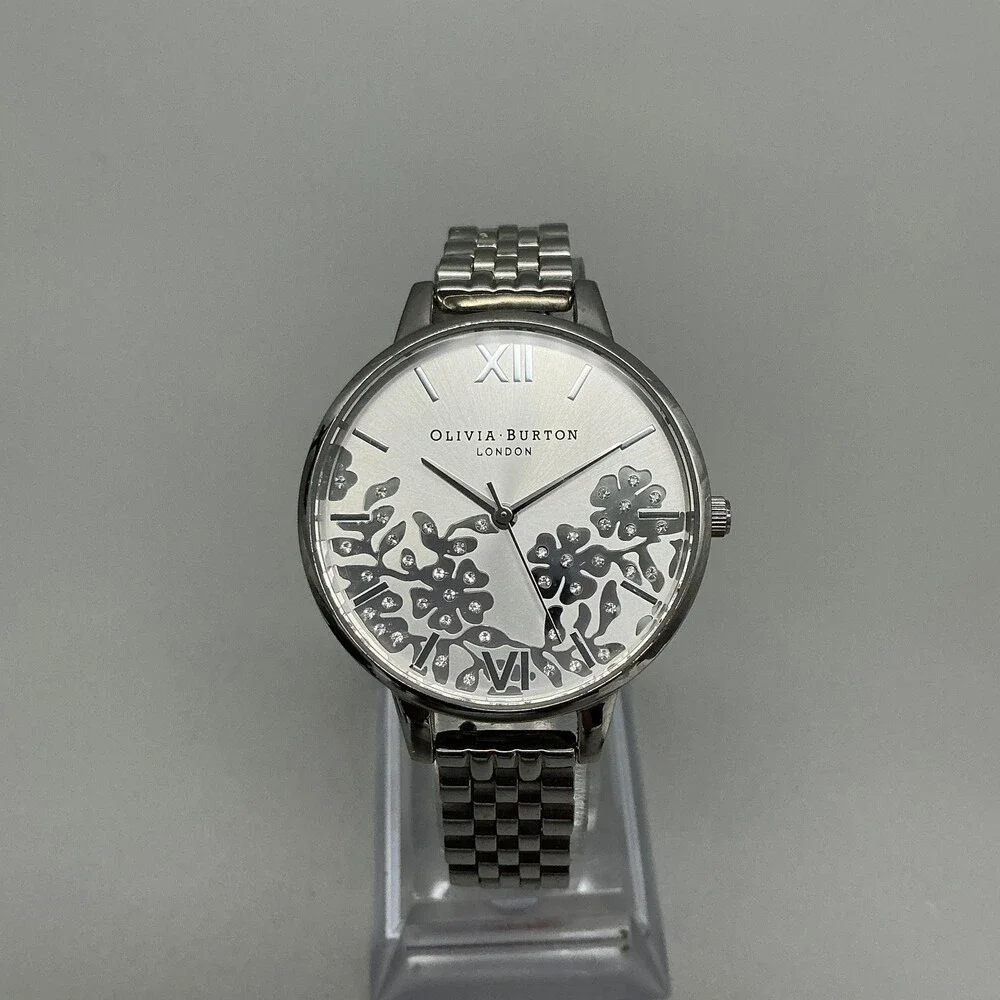 Olivia Burton Womens Watch 34mm Silver Floral Tone Bracelet New Batt 6.75